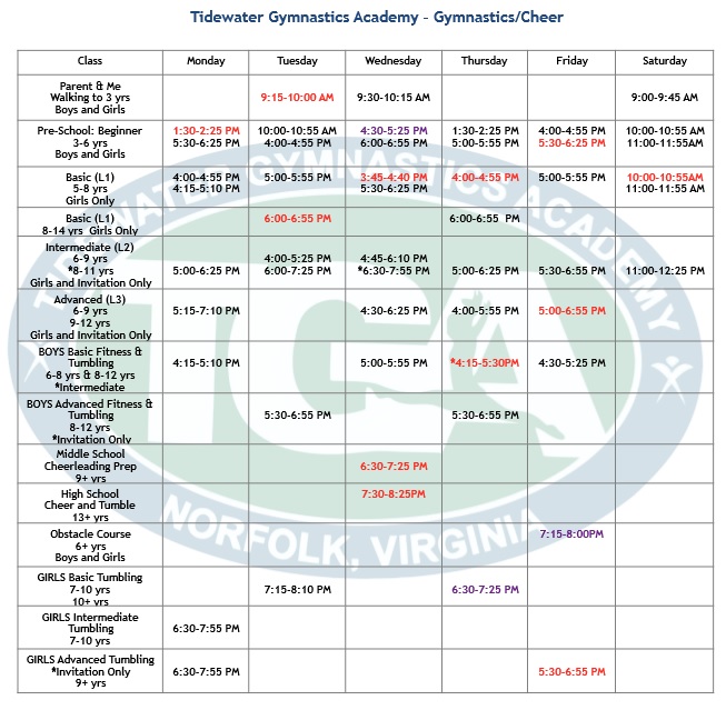 Class Schedule Tidewater Gymnastics Academy